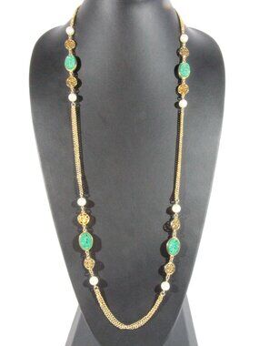 Vintage Direction One Gold Tone Necklace with Faux Jade and Pearls